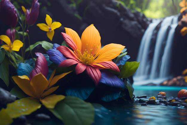 cascata con fiume e fiori