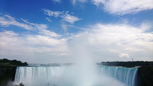 Cascata contro un cielo blu nuvoloso