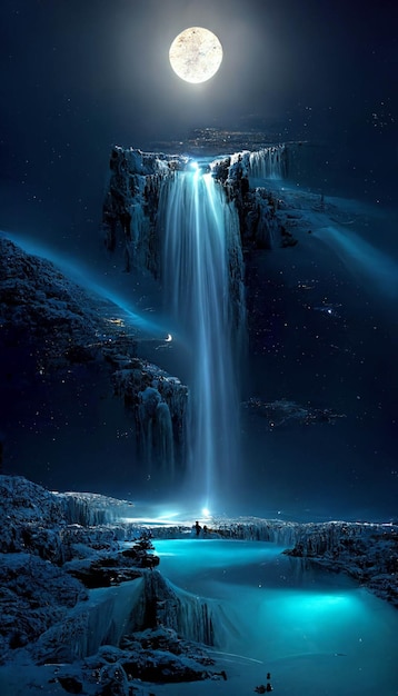 Cascata di notte con la luna piena nel cielo generativo ai