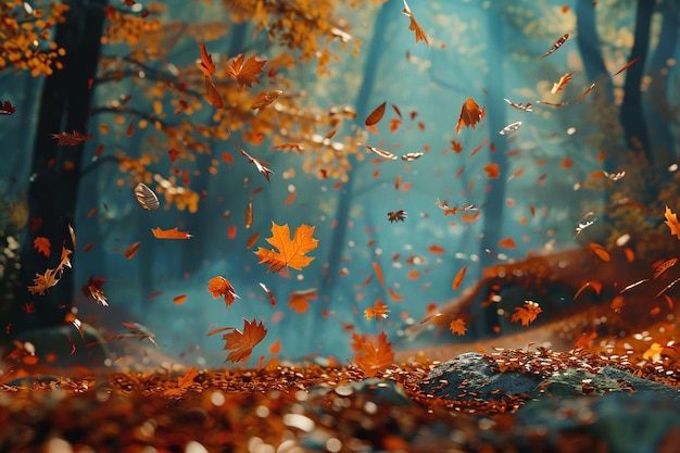 Cascata di vivide foglie d'autunno in una foresta serena