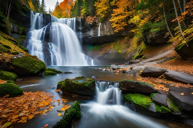 cascata e bellezza della montagna all'alba maestosa cascata nella giungla nella luce del mattino