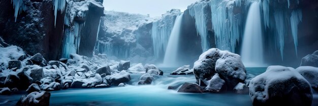 cascata ghiacciata con ghiaccioli appesi alle rocce sullo sfondo di grigi e blu gelidi AI generativa