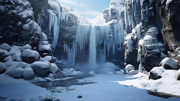 Cascata ghiacciata in una baia marina parzialmente ghiacciata durante l'inverno