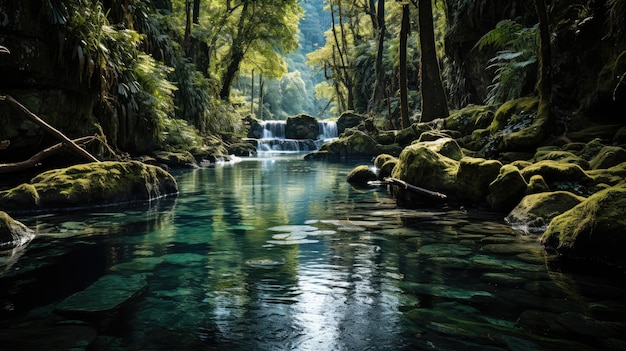 Cascata in mezzo alla foresta che scorre in un fiume piovoso con grandi rocce intorno alla piscina con acqua turchese