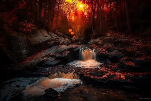 Cascata incandescente nel paesaggio autunnale