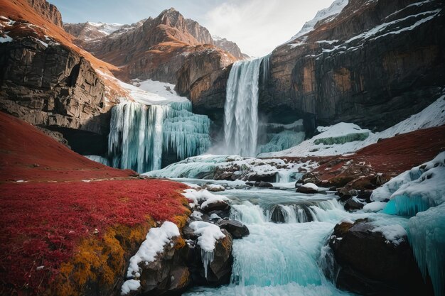 Cascata invernale serena in un paesaggio autunnale