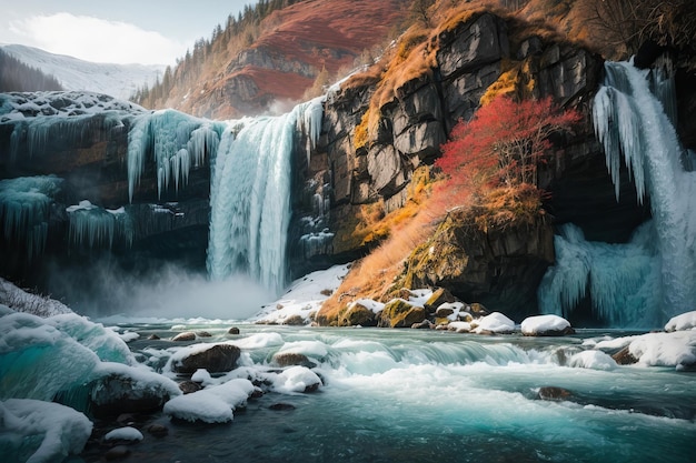 Cascata invernale serena in un paesaggio autunnale