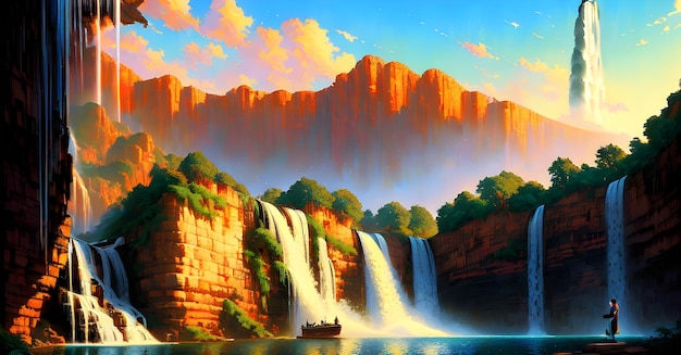 Cascata magica Foresta della giungla illustrazione Flusso del fiume sullo sfondo del paesaggio AI generativa per le copertine di facebook dei dipinti su tela delle arti murali