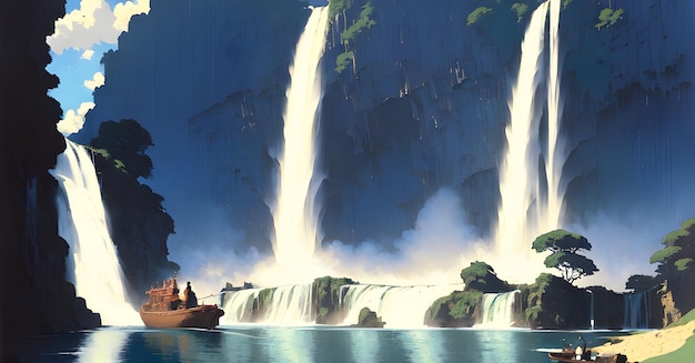 Cascata magica Giungla foresta illustrazione flusso del fiume sullo sfondo del paesaggio IA generativa per bambini storie di libri fiabe