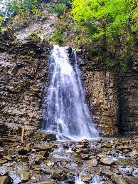 Cascata Maniava Panorama verticale Cascata nei Carpazi nella gola Cascate d'acqua cadono su pietre bagnate lucide Carpazi IvanoFrankivska oblast Ucraina