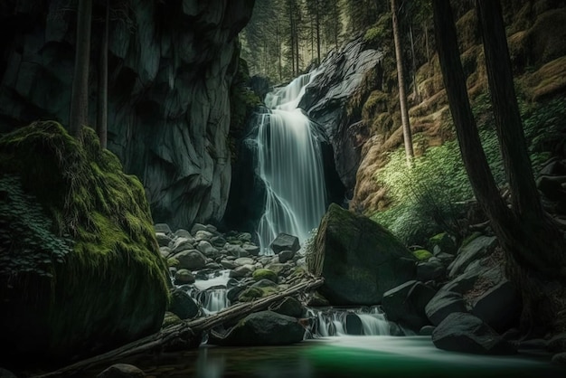 Cascata molto grande che cade tra affioramenti rocciosi nel mezzo di una giungla lussureggiante