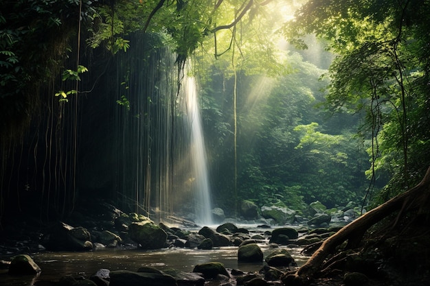 Cascata nascosta all'interno di una fitta foresta luce solare sbirciando attraverso l'albero