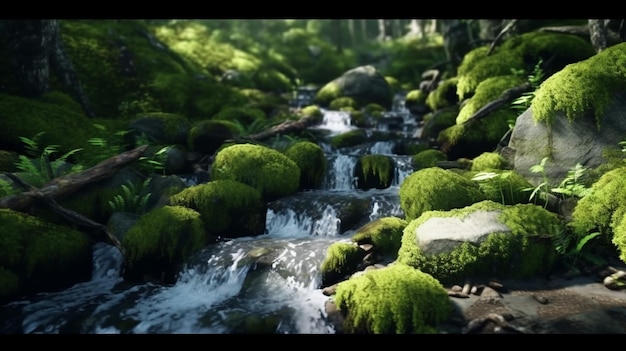 Cascata naturale con rocce e muschio verde 8k UHD Generative Ai