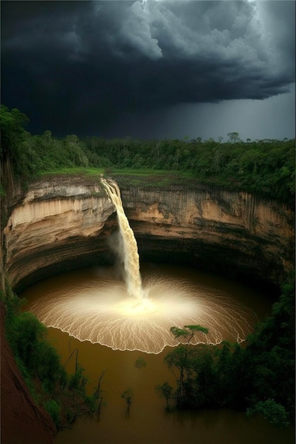 Cascata nel mezzo di un grande specchio d'acqua generativo ai