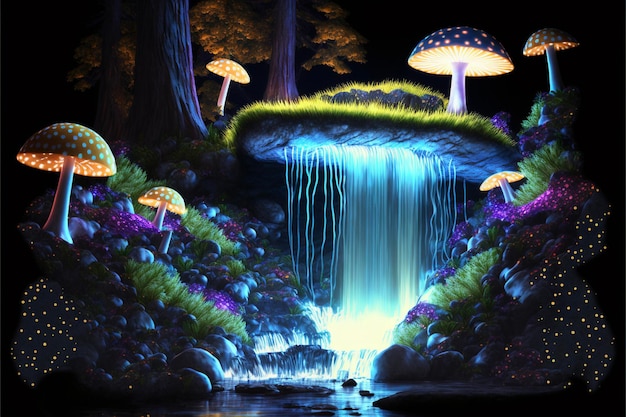 Cascata nel mezzo di una foresta piena di funghi generativi ai