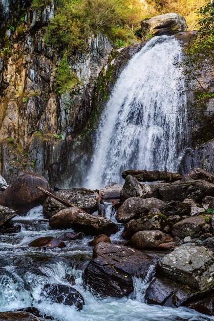 Cascata nella foresta di montagna autunnale Russia Repubblica di Altai Distretto di Turochaksky Cascata di Korbu