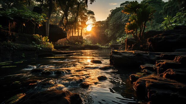 Cascata nella foresta tropicale isolata su sfondo tramonto