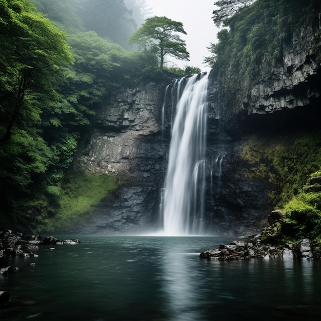 Cascata nuvolosa Paesaggio lunatico della cascata