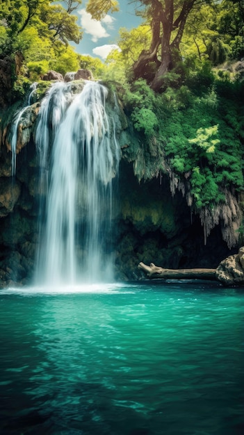 Cascata scintillante che precipita nella carta da parati turchese della piscina per il telefono