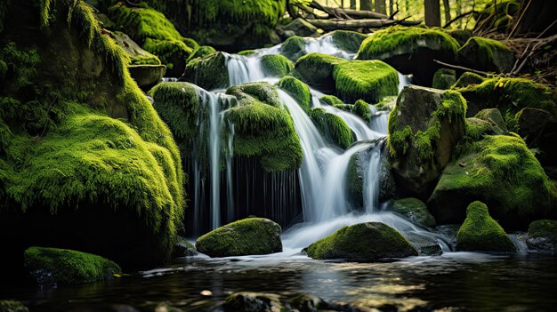 Cascata serena che precipita giù dalle rocce coperte di muschio