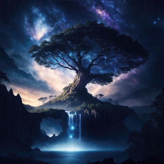 Cascata sotto un'atmosfera drammatica del cielo della galassia del grande albero