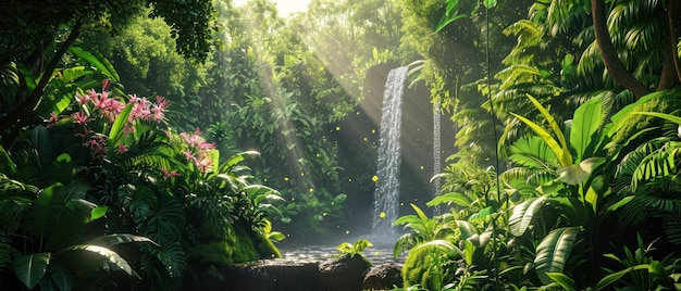 Cascata tropicale illuminata dal sole in mezzo a una lussureggiante e serena vegetazione