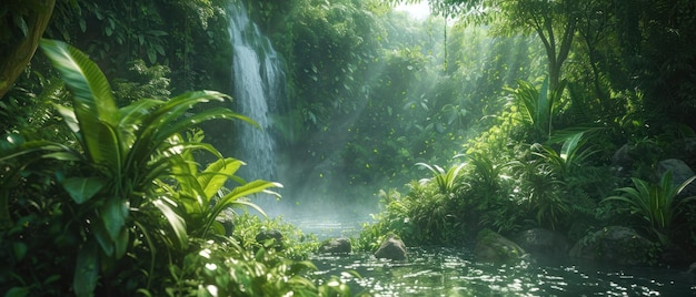 Cascata tropicale illuminata dal sole in mezzo a una lussureggiante e serena vegetazione