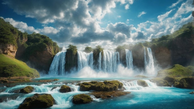 cascate che salgono tra le nuvole unendo acqua e cielo in un fantastico