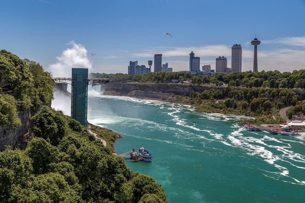 Cascate del Niagara guardando giù il fiume Niagara torre di osservazione il ponte con i turisti