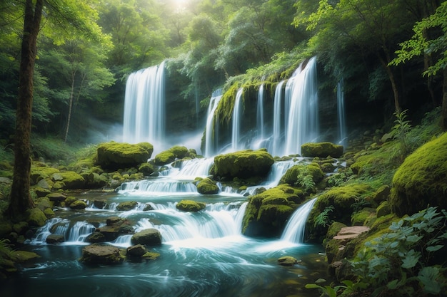 Cascate fresche in una foresta profonda