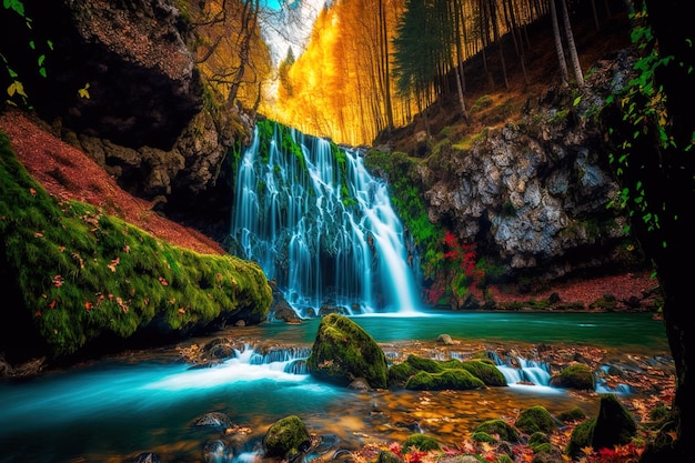 Cascate in un parco autunnale con fogliame vibrante