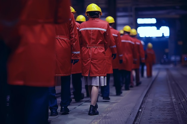 caschi dei lavoratori in fabbrica, vista dal retro, gruppo di lavoratori, cambio dei lavoratori in fabbrica, persone che indossano caschi e uniformi per un'impresa industriale