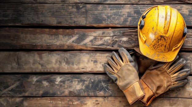 Casco da costruzione e guanti su sfondo di legno invecchiato