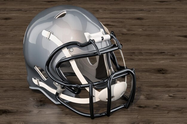 Casco da football americano sul tavolo di legno rendering 3D