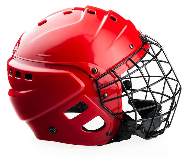 Casco da hockey su ghiaccio rosso con gabbia,