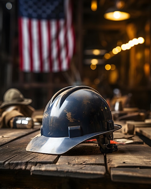 Casco da lavoratore in un tavolo di legno con la bandiera degli Stati Uniti sullo sfondo