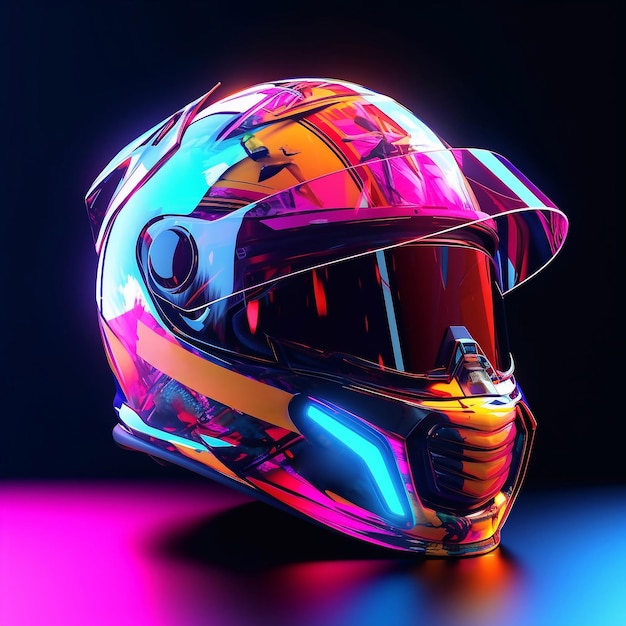 Casco da motociclista con luci al neon su sfondo scuro vetro del casco con illuminazione al neon