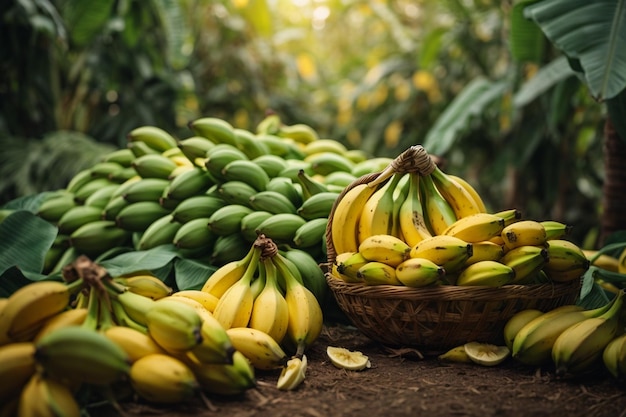 Casco di banane in un cesto a terra in giardino Casco di banane su sfondo giallo Quantità min