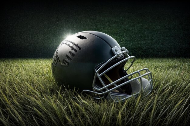 Casco di football americano e palla sull'erba verde