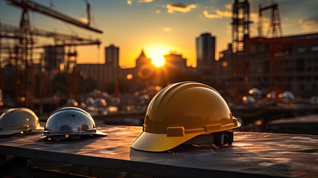 Casco di sicurezza giallo per operai per cantieri con pavimenti di cemento in città che enfatizza la sicurezza per gli ingegneri o i lavoratori la sicurezza prima con copyspace per il testo Generazione AI