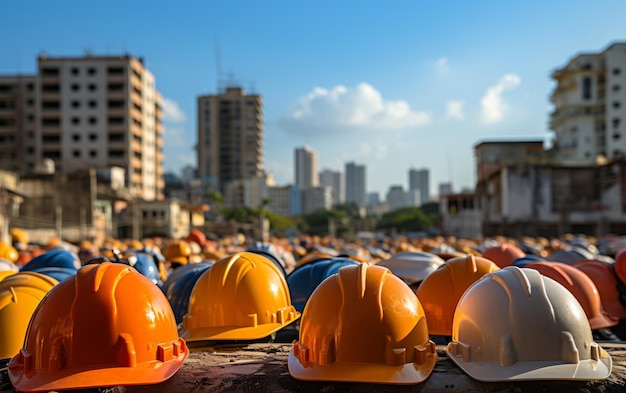 Casco di sicurezza protettivo giallo bianco e blu IA generativa