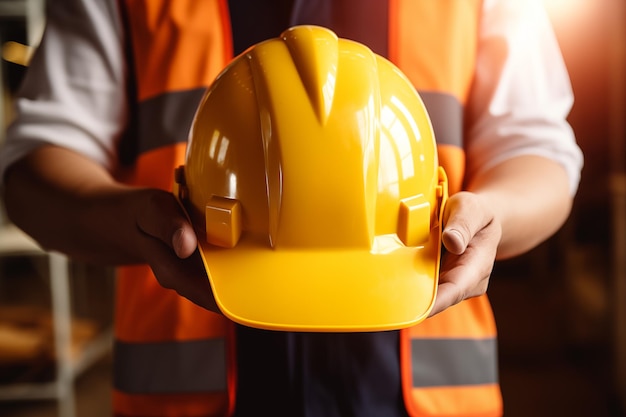 Casco di sicurezza protettivo in primo piano nella mano del lavoratore IA generativa