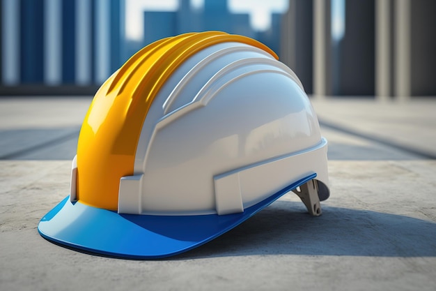 Casco di sicurezza rigido nei colori bianco giallo e blu per operaio o ingegnere su pavimento di cemento in città