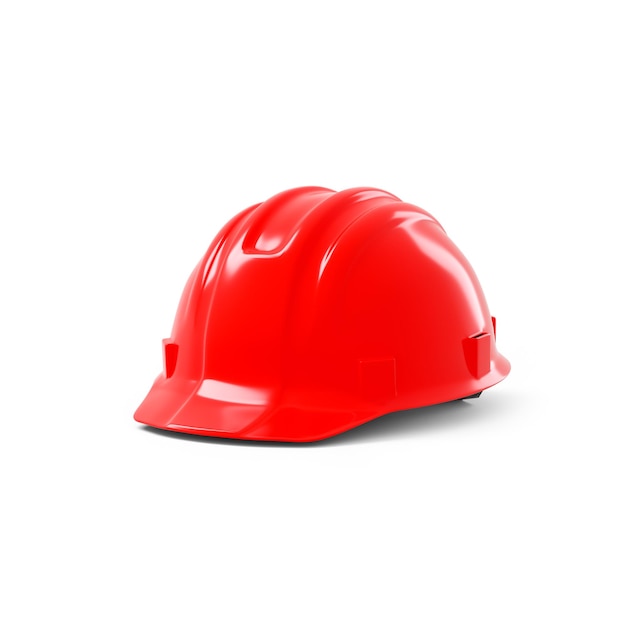 casco di sicurezza rosso su sfondo bianco. Rendering 3D