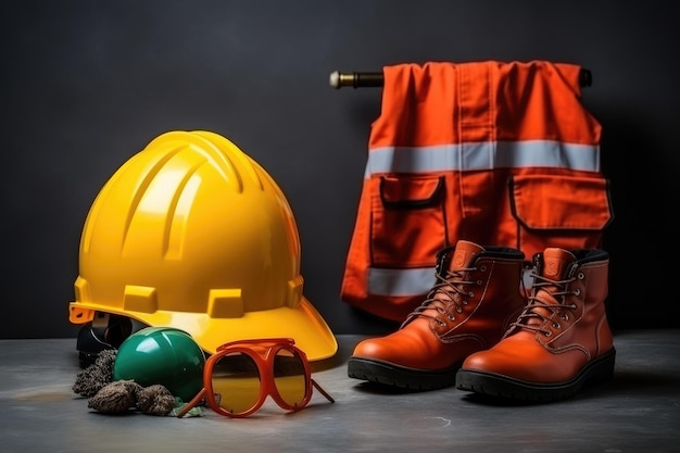 Casco giallo e stivali sul tavolo.