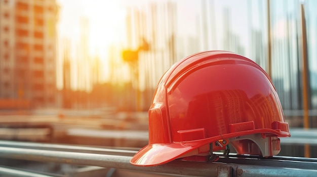 casco in cantiere e lavoratori in cantiere sfondo sicurezza primo concetto