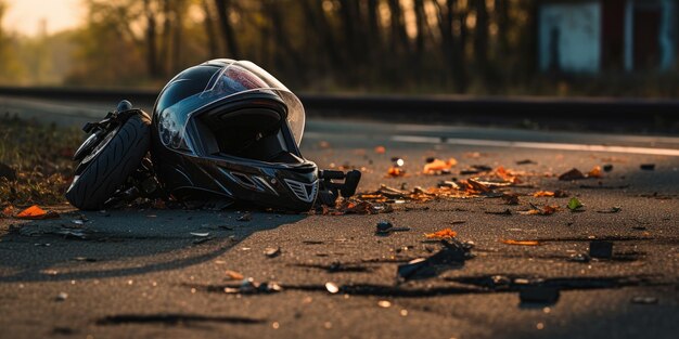 casco motocicletta sulla strada concetto di incidente stradale foto di alta qualità AI generativa