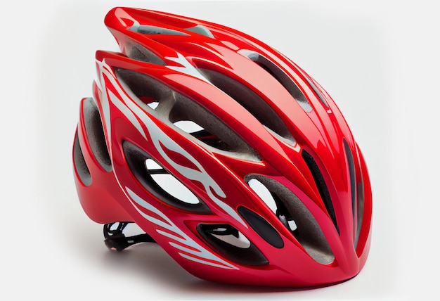 Casco rosso di un ciclista su sfondo bianco