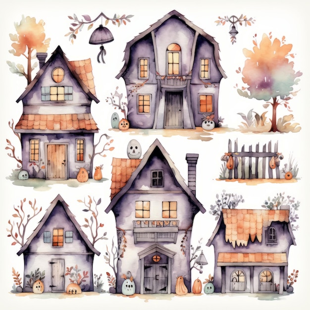 Case ad acquerello con alberi autunnali Illustrazione disegnata a mano isolata su sfondo bianco