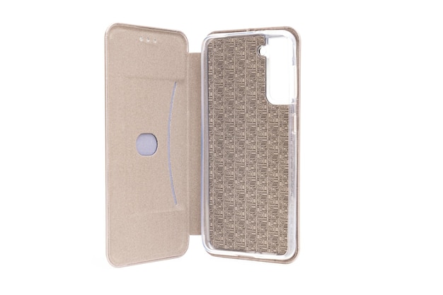 Case-book grigio aperto per smartphone su sfondo bianco. la migliore protezione del tuo gadget da eventuali danni. la custodia coprirà il tuo telefono da tutti i lati.